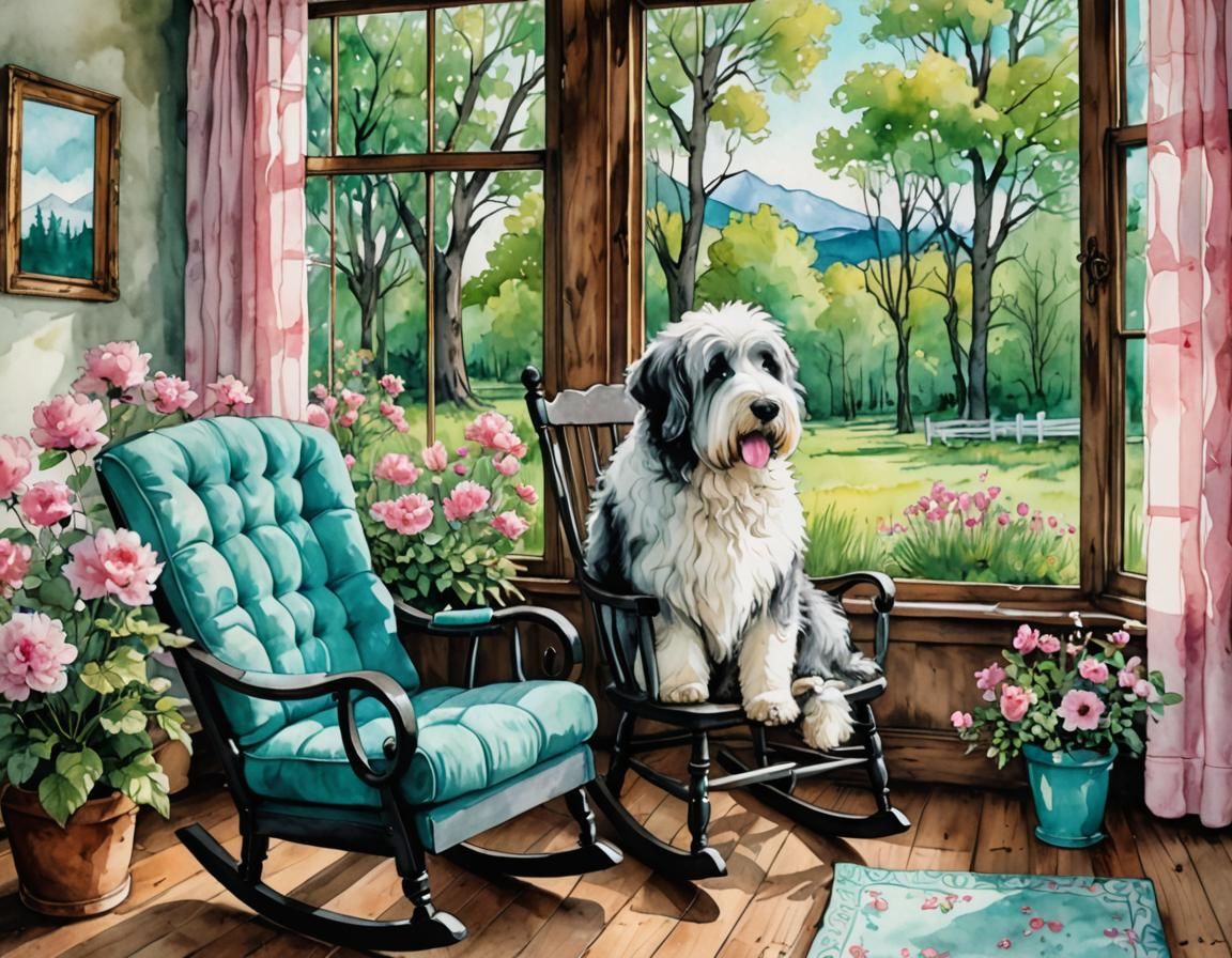Sheepdog in Watercolor by Window