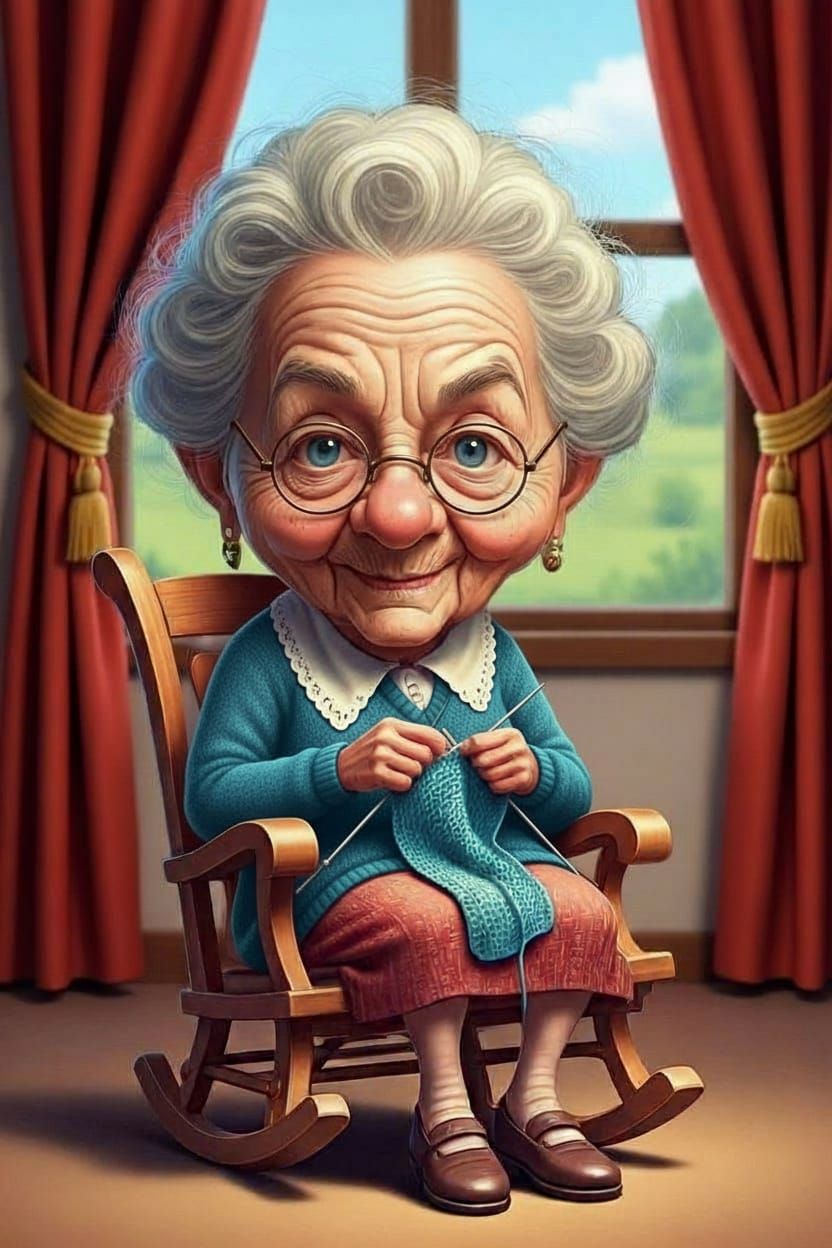 Sweet Grandma Knitting in Cartoon Caricature Style