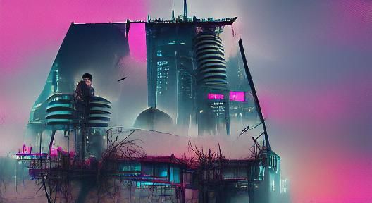 Cyberpunk City Outskirts: Neon Island View