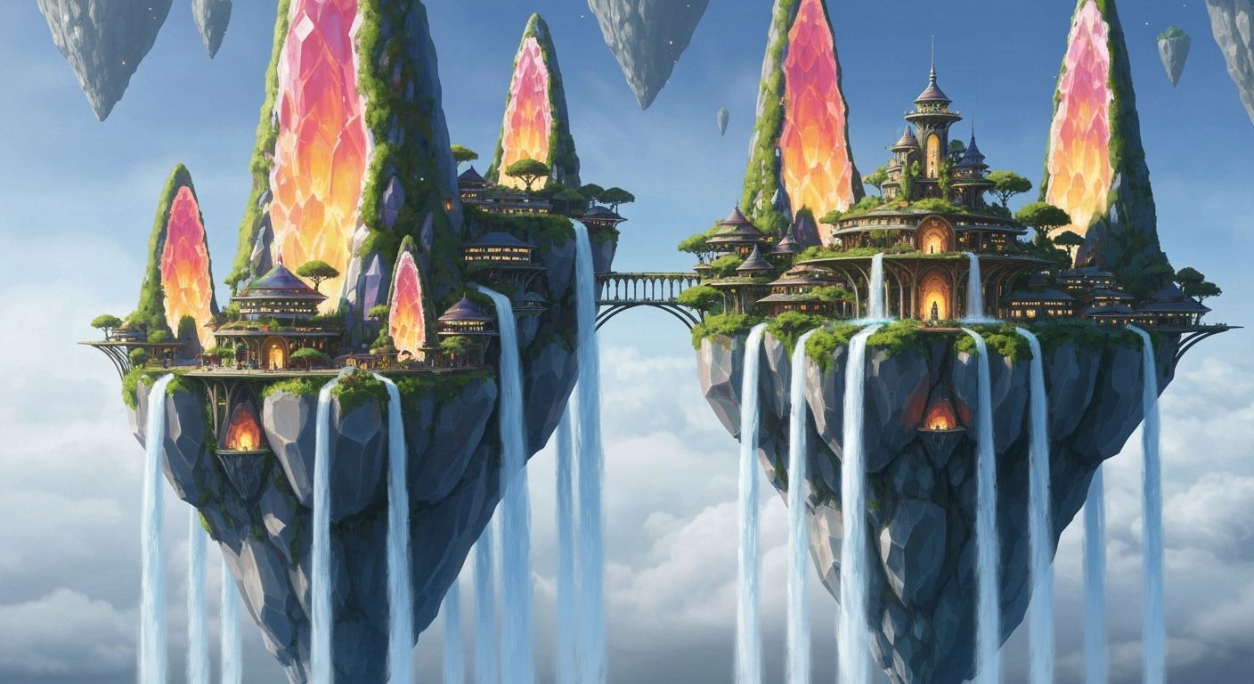 Floating Geode City with Cascading Waterfalls