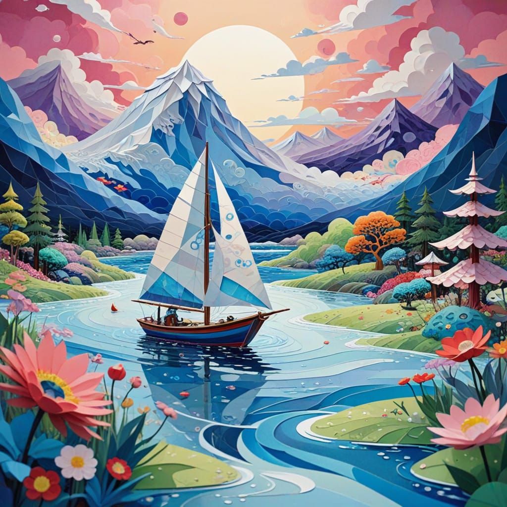 Elegant Origami Sailboat Sails Across Serene Blue Waters