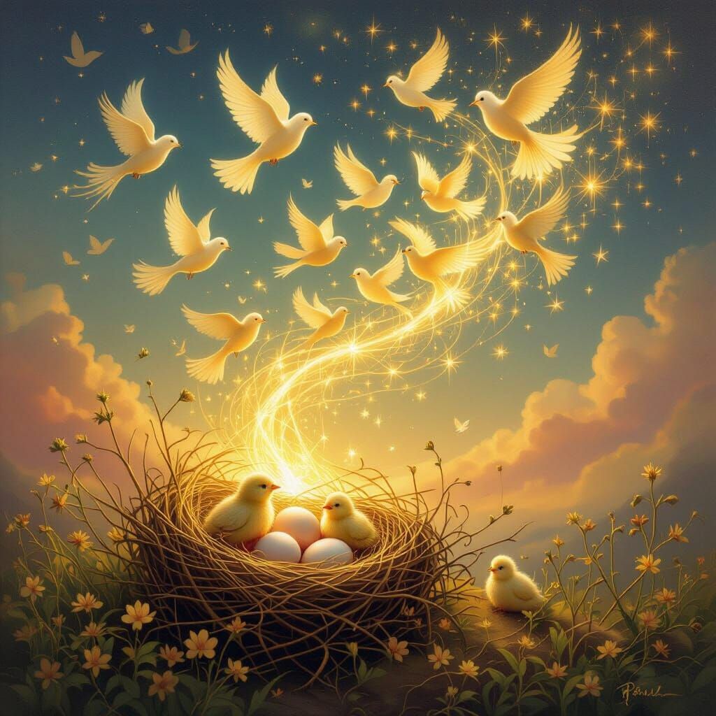 Ethereal Spirit Creates Birds Ascending to Celestial Sky