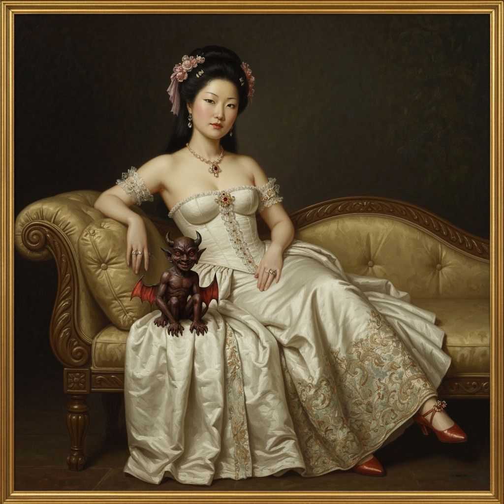 Victorian Woman and Demon Reclining in Classical Oil Paintin...