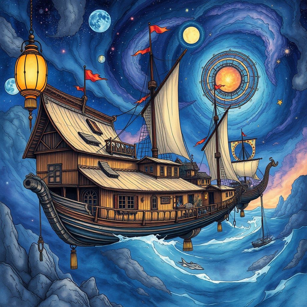 Mystical Floating Fishing Village in Anime Watercolor