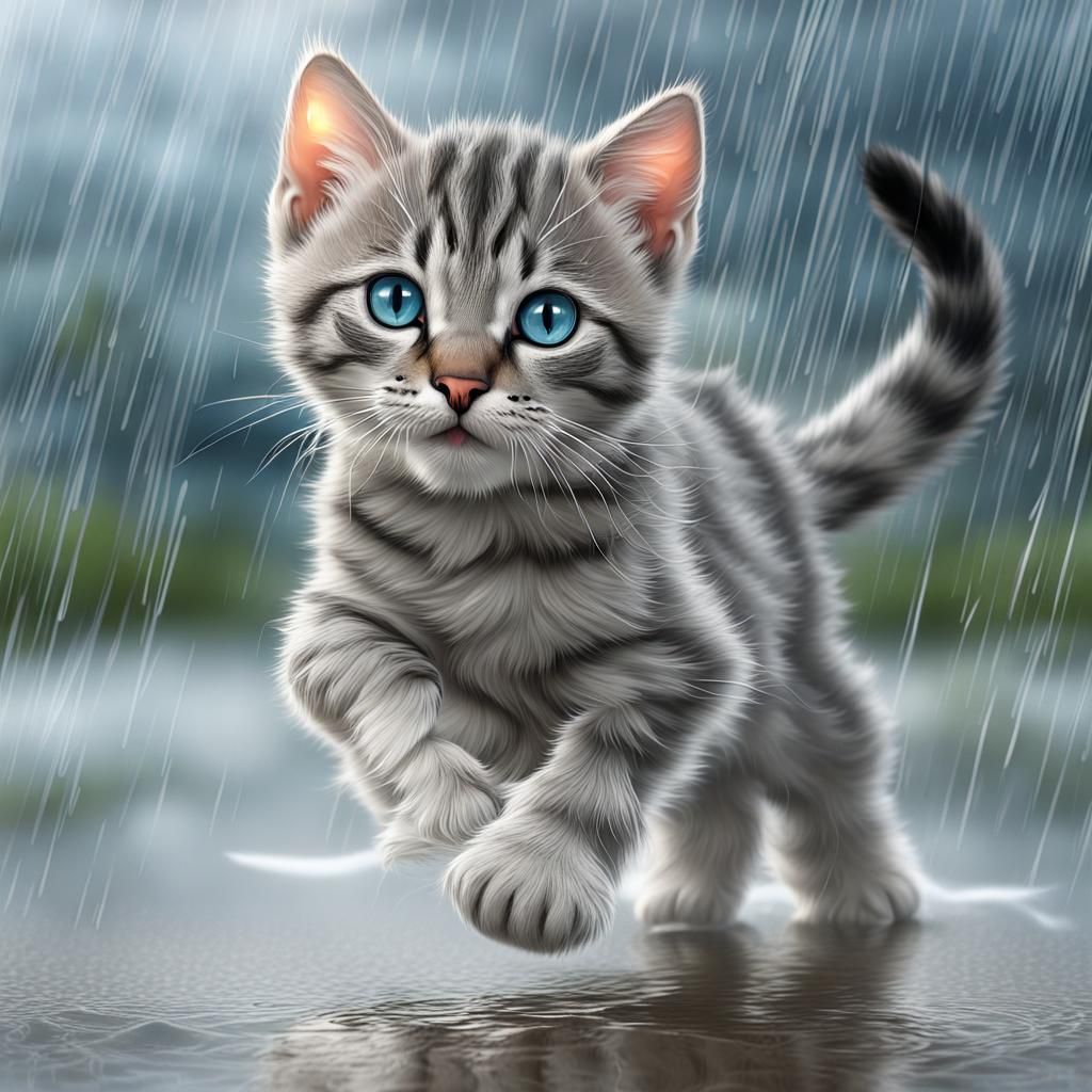 Silver Tabby Kitten Pouncing in Rainy Storm, Hyperrealistic