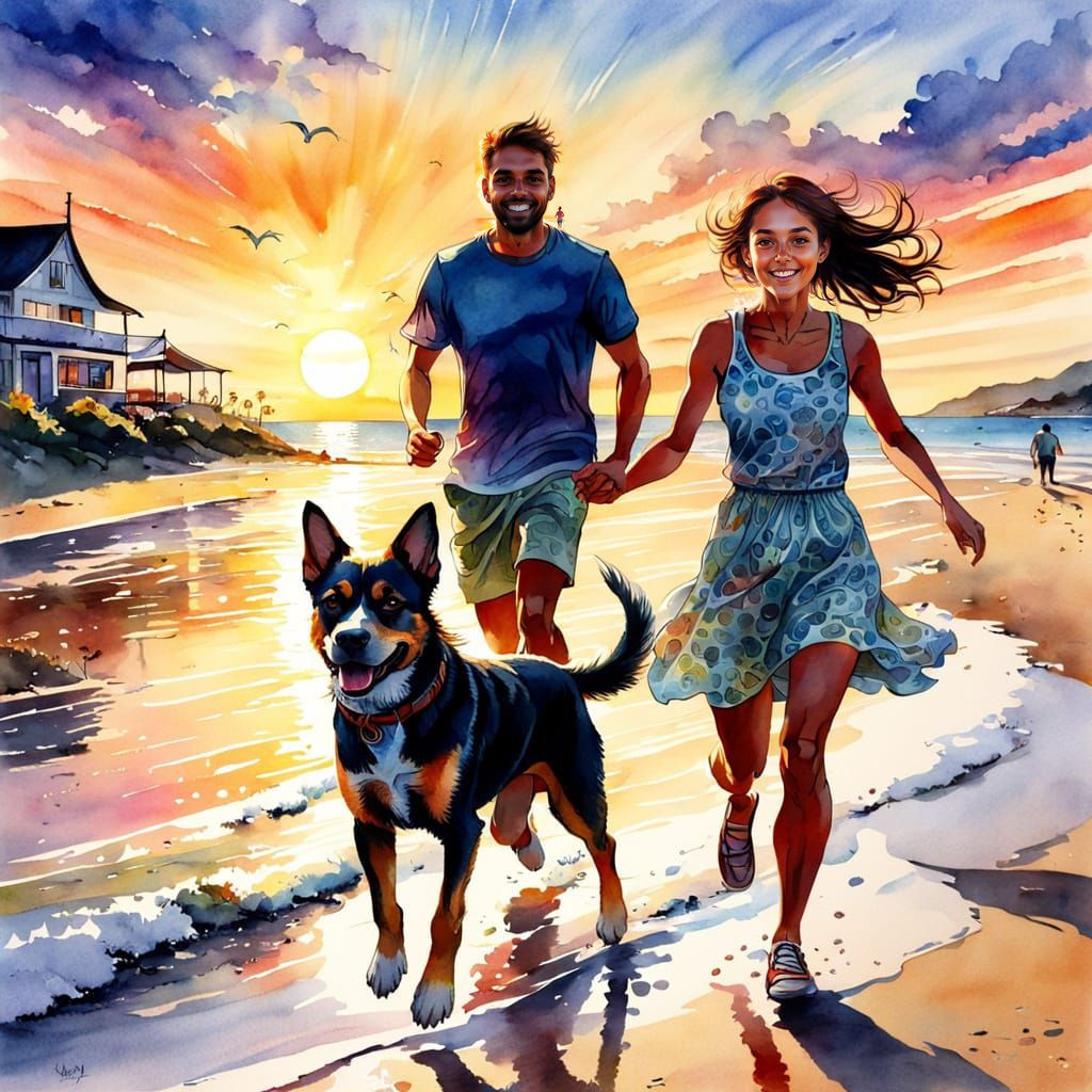 Couple and Dog Running on Beach at Sunset