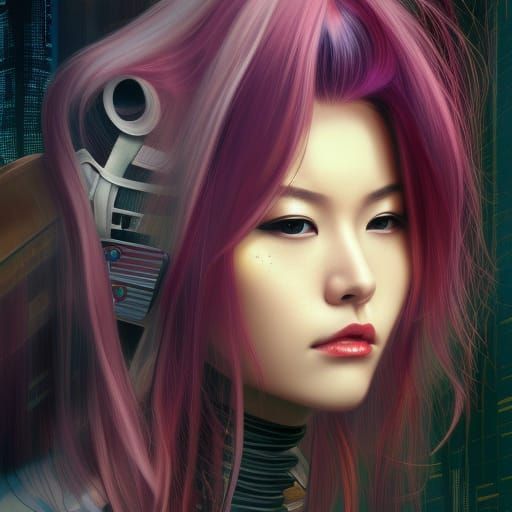 Cyberpunk Japanese Girl Portrait in Leather Jacket