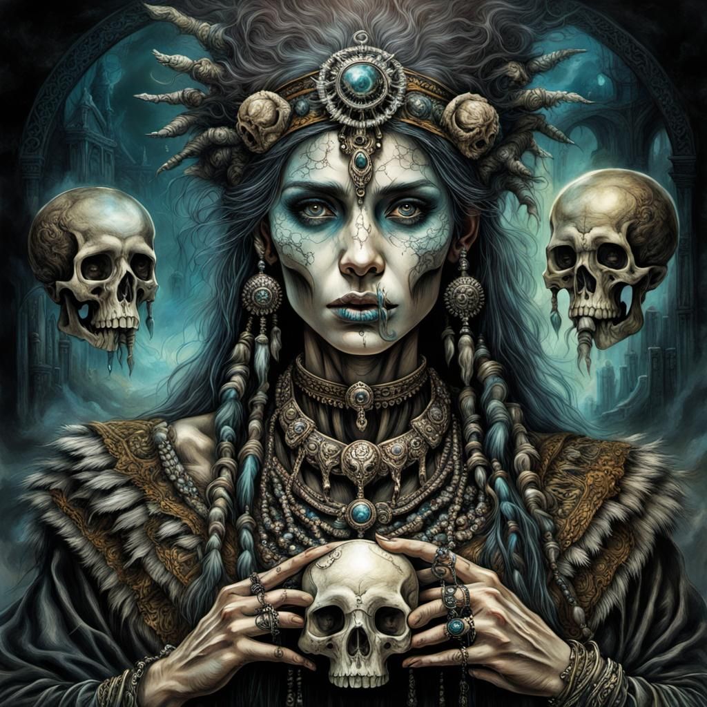Grunge Fantasy Shaman with Bone Necklace and Skull