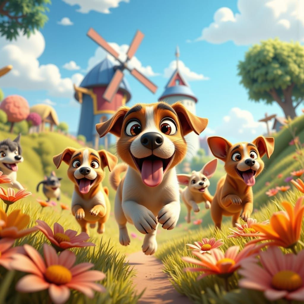 Dogs Running Through Pixar-Style Countryside