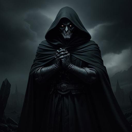 Ominous Figure in Black Cloak Amidst Lightning