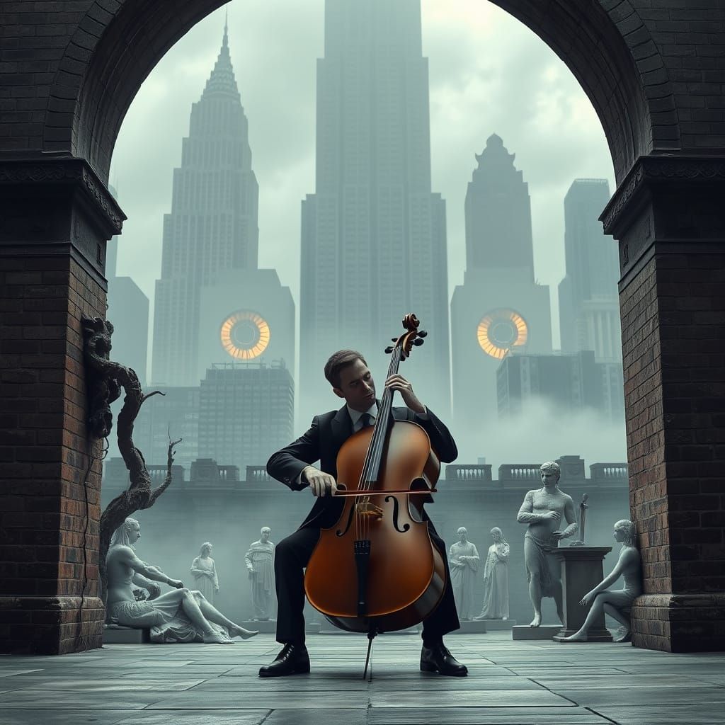 Surreal Cellist in Twilight Cityscape, Dali Inspired