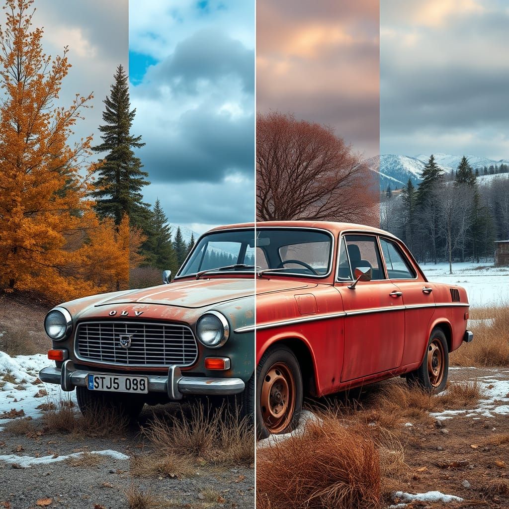 Rusty Volvo Car in Seasonal Landscapes, Hyperrealistic Art