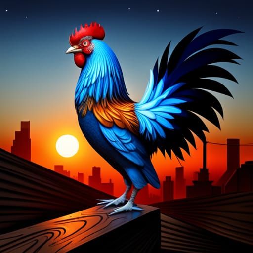 Blue Onagadori Rooster Crowing with Long Tail Feathers