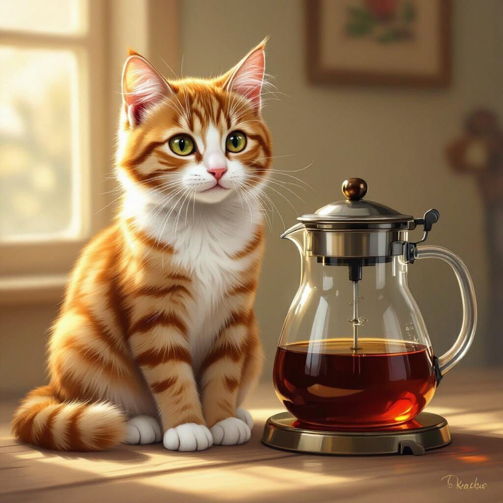 Ginger and White Tomcat Beside Vintage Percolator