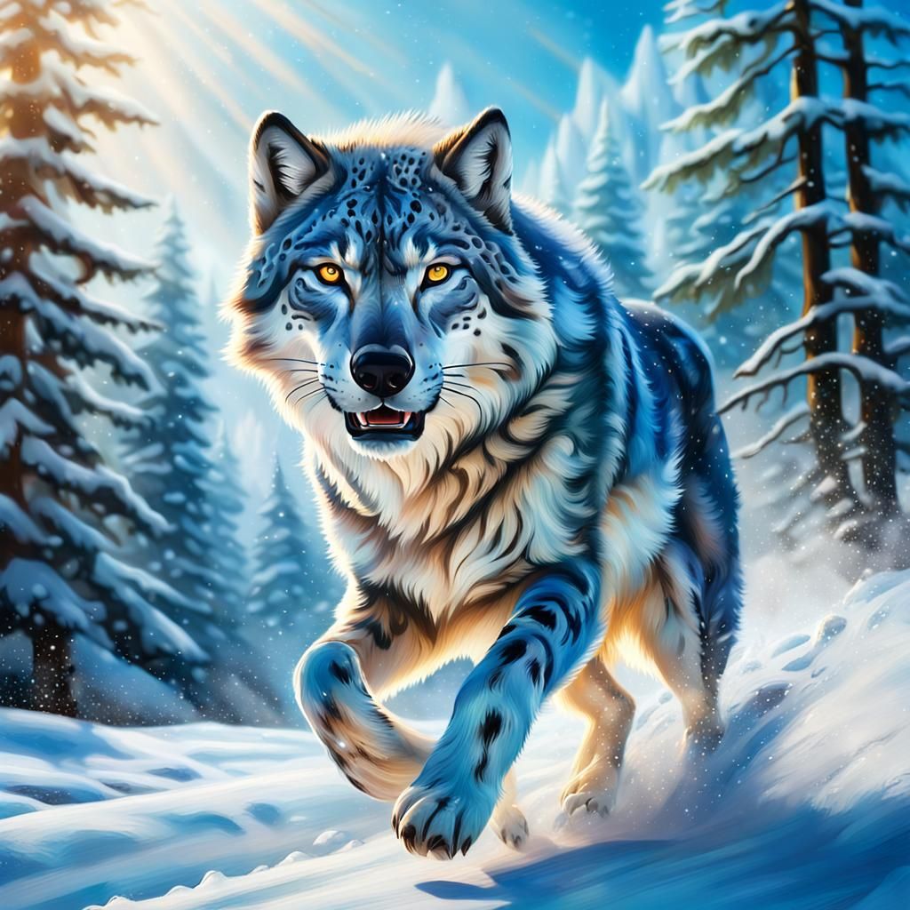 Wolf-Leopard Hybrid Running in Snowy Forest