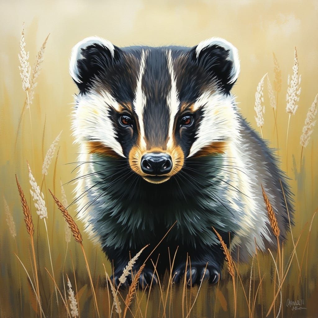 American Badger in Grasslands, Oil Pastel Art