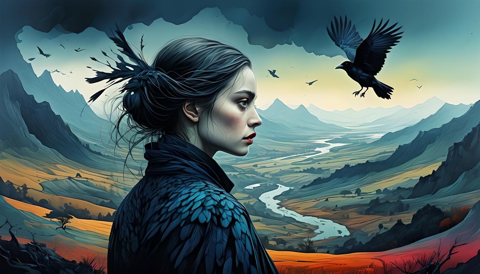 Woman with Crow in Surreal Landscape: Hyperrealistic Sketch