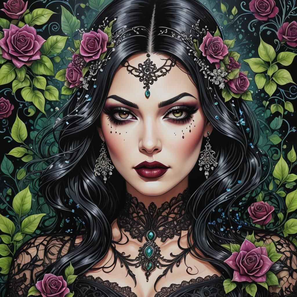 Emo Goth Girl with Vibrant Floral Details