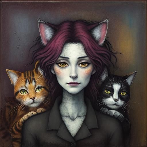 Three Cats Portrait in Expressionist Style