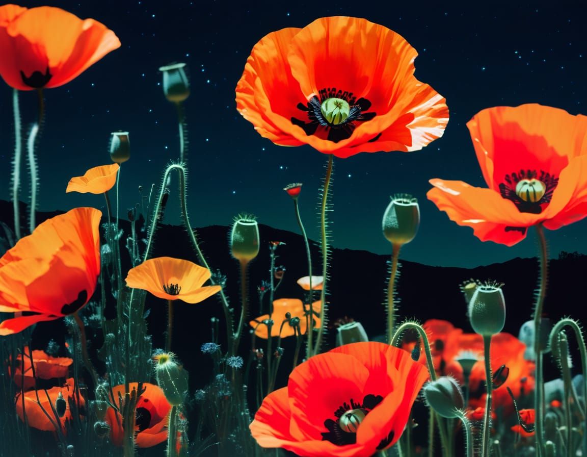 Poppies in Neon Nightscape Photography Collage