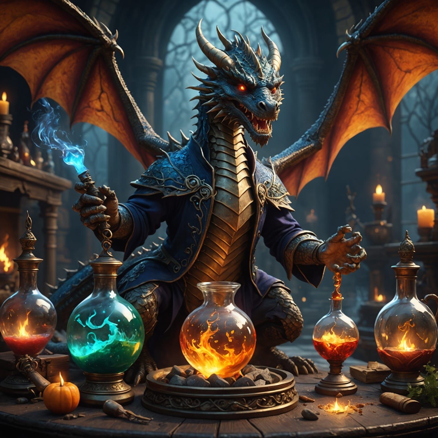 Dragon and Wizard Conjuring Magic Potions