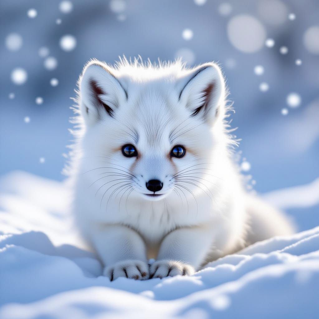 Arctic Fox Kit in Snow, Photorealistic Style