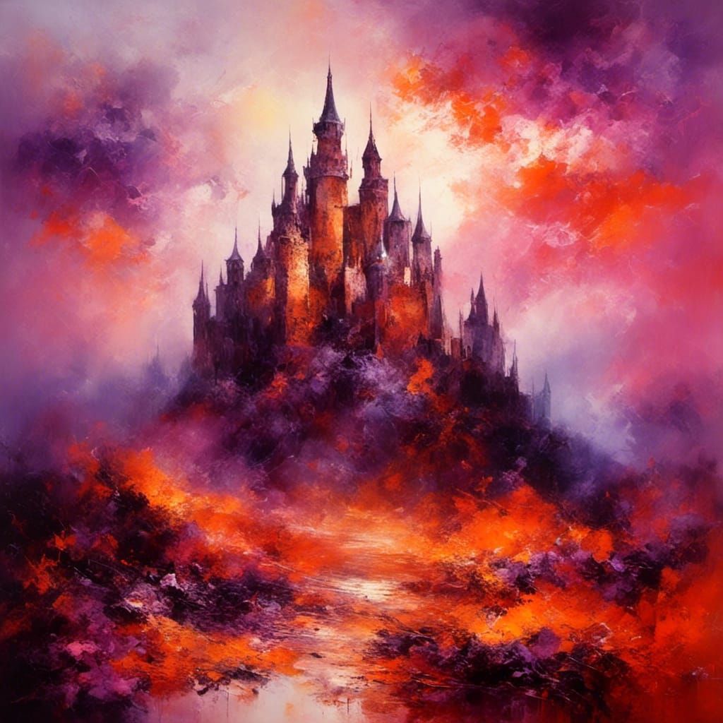 Abstract Castle Painting with Dramatic Sky