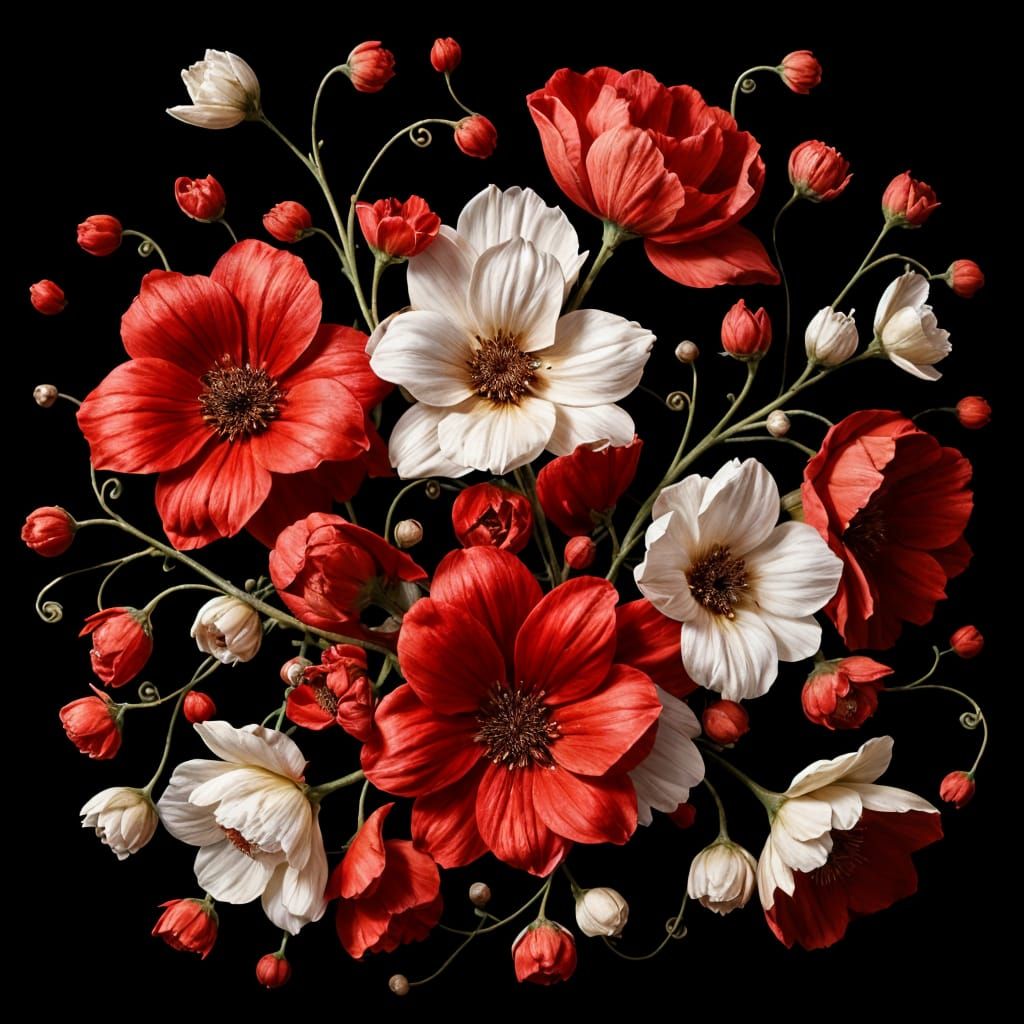 Art Nouveau Floral Arrangement: Red & White Flowers on Black