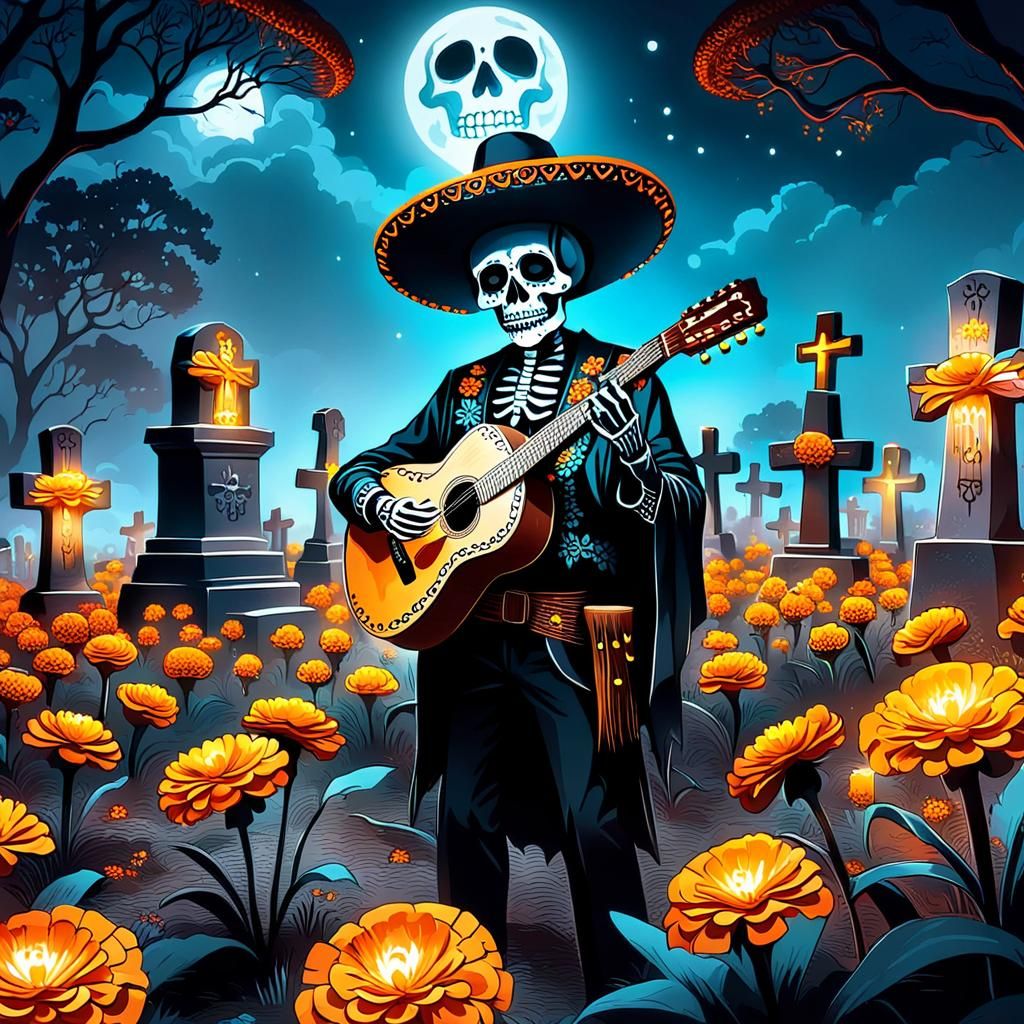 Day of the Dead Cemetery Scene with Marigolds