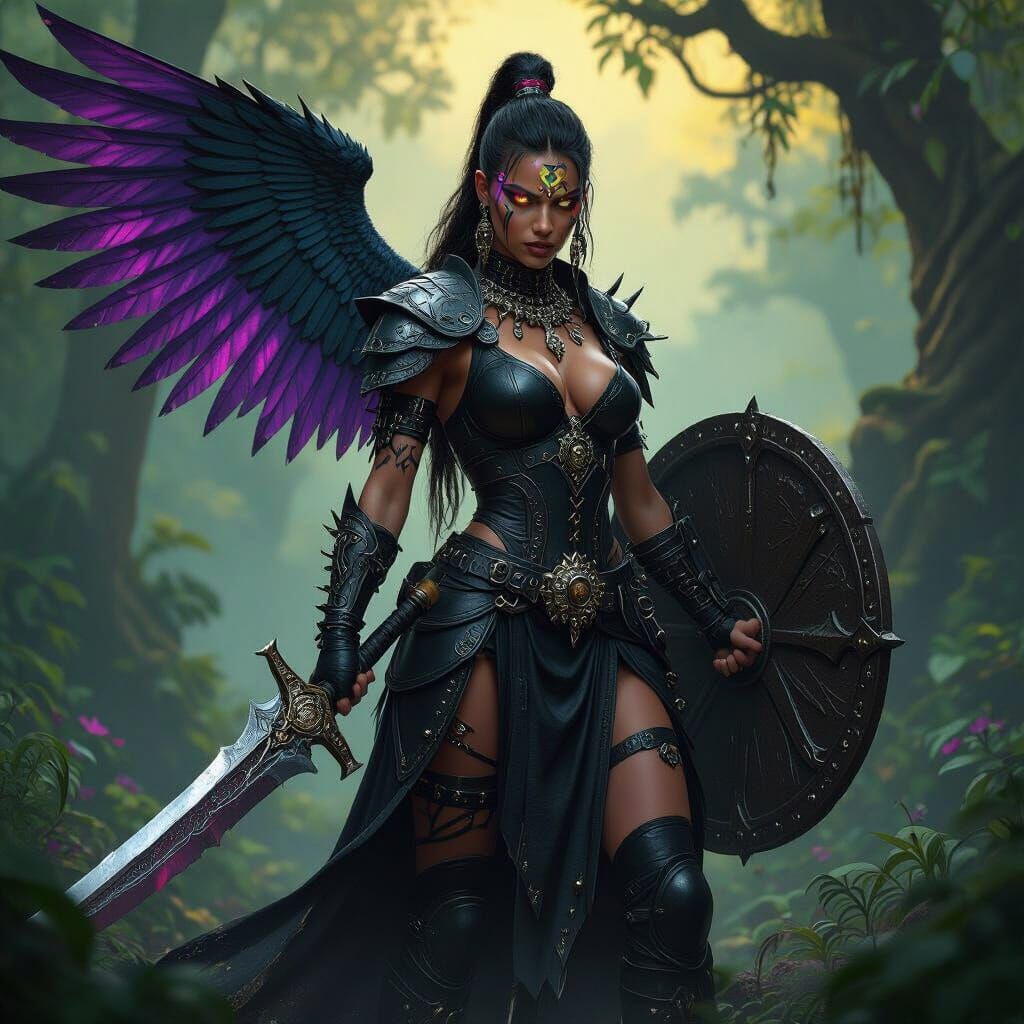 Fearless Tribal Warrior in Dark Fantasy Forest
