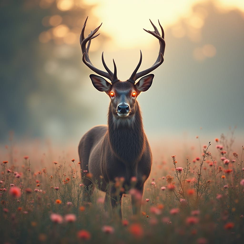 Stag in Wildflowers with Glowing Eyes, in Pointillist Style