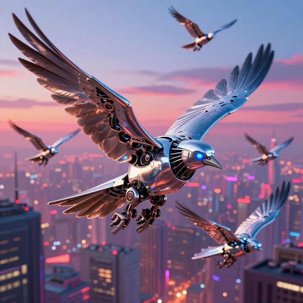 Robotic Birds Soar Through Neon Cyberpunk Cityscape