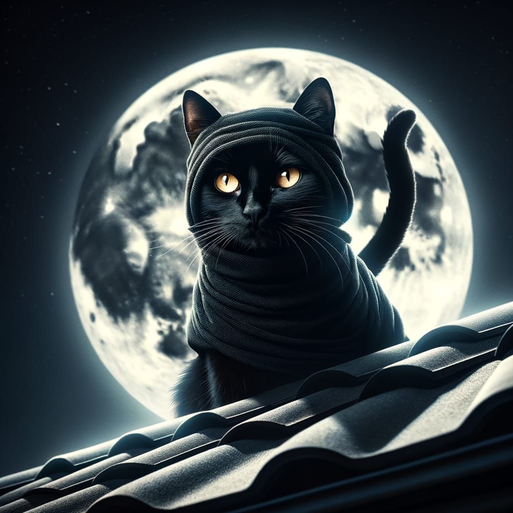 Black cat ninja on a roof lit behind by the moon