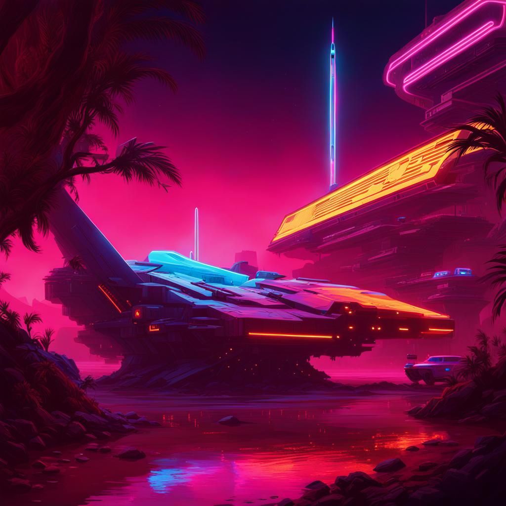 Eagle Spaceship in Cyberpunk Landscape