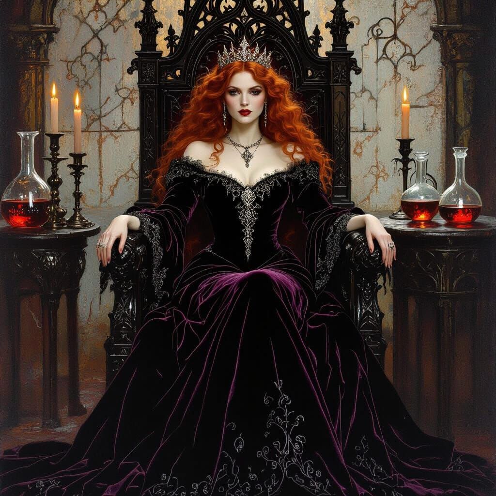 Vampire Queen in Gothic Throne Room, Pre-Raphaelite Style