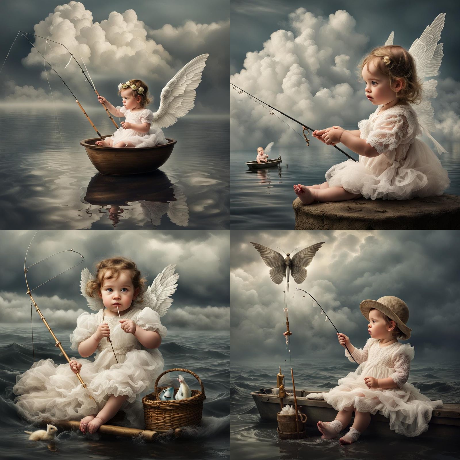 Victorian Baby Girl Fishing From a Cloud