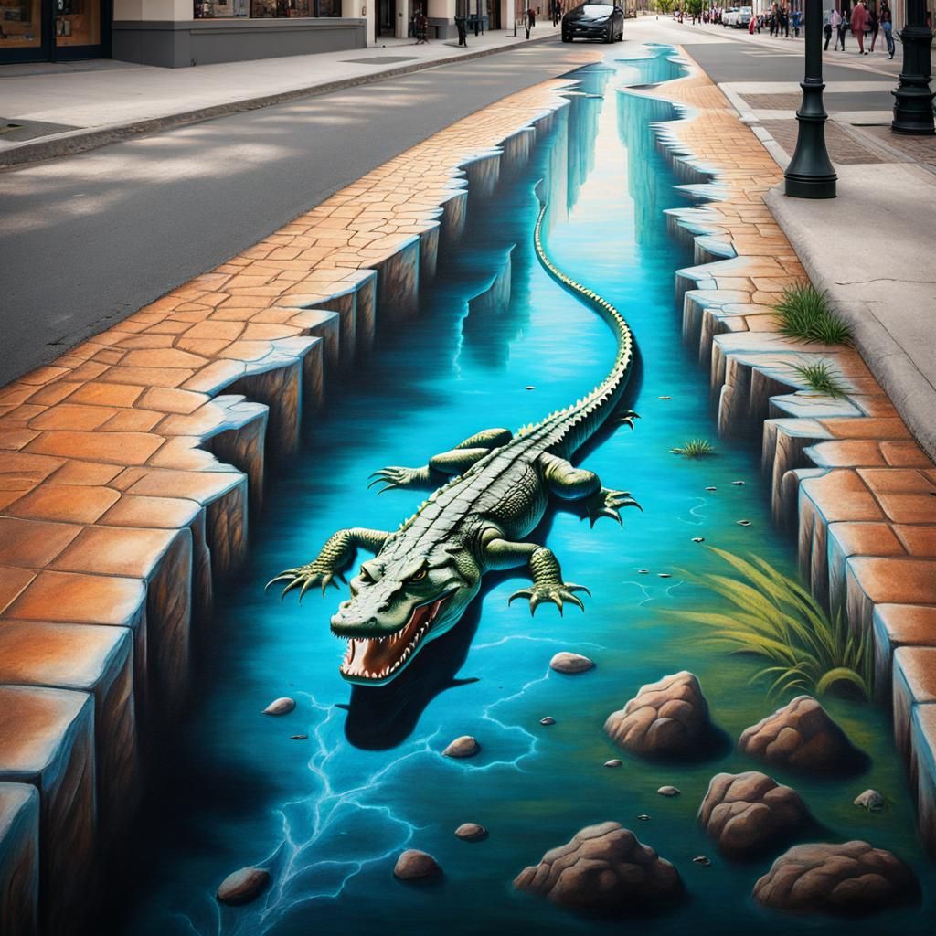 Alligator Optical Illusion in 3D Chalk Art