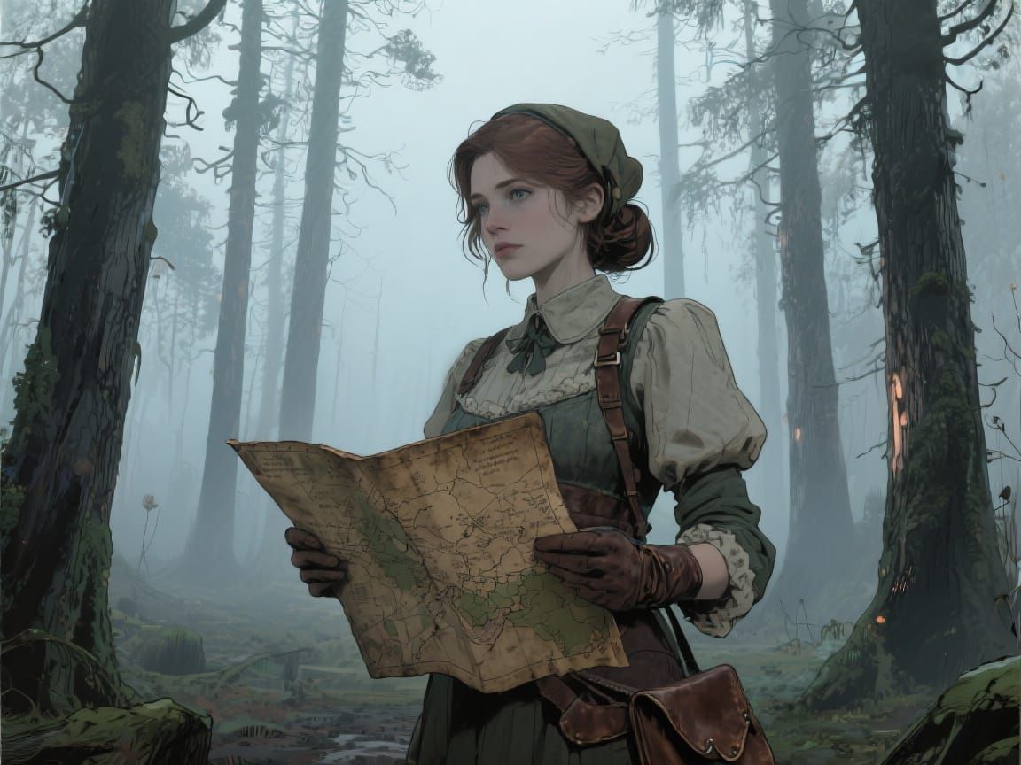 Woman with Map in Misty Forest, Whimsical Art Style