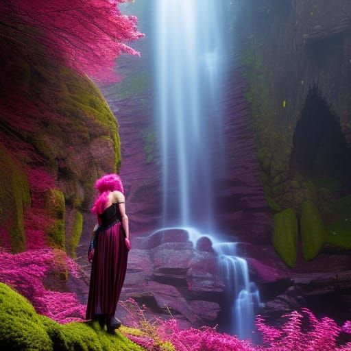 Glaistig on Enchanting Waterfall in Gothic Horror Style