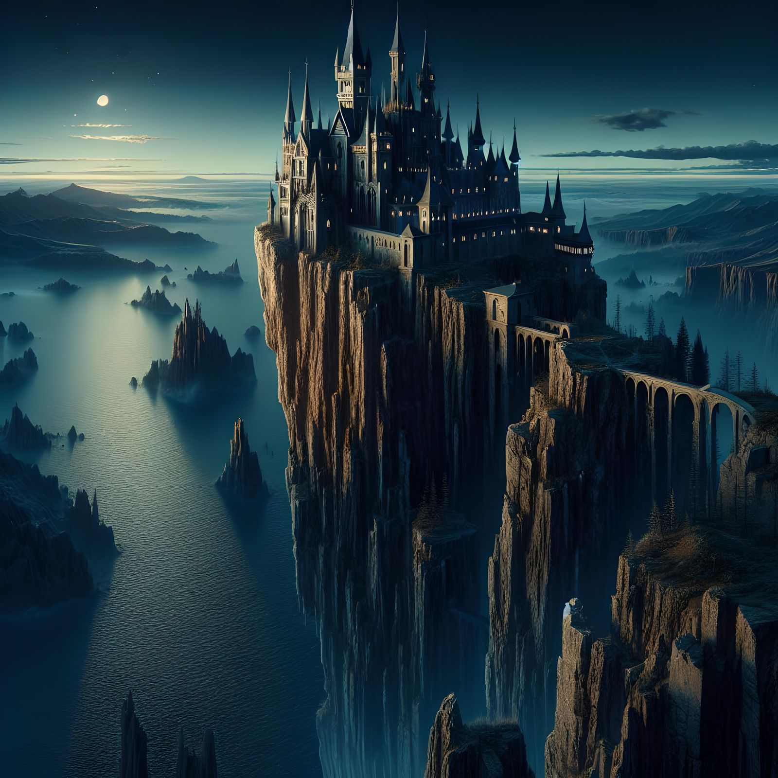 Gothic Castle on Cliff Overlooking Moonlit Black Sea