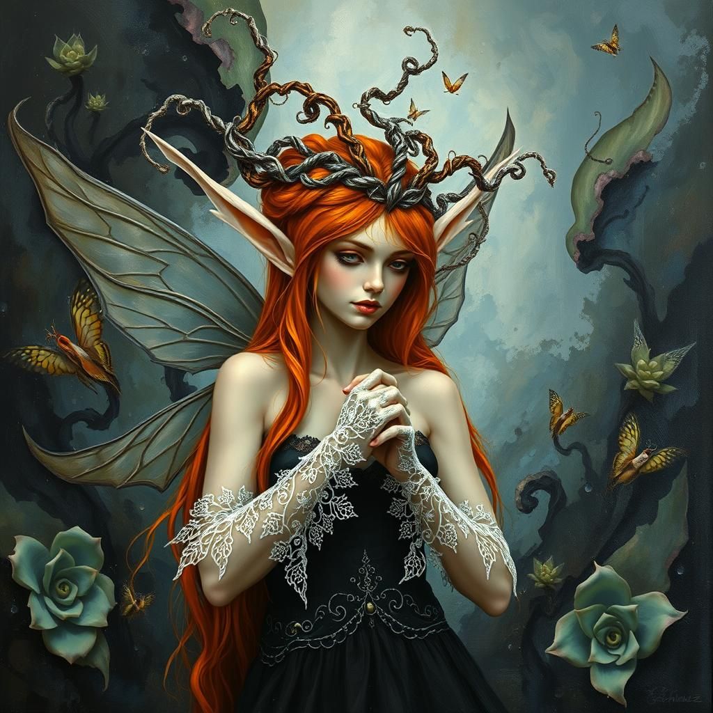 Gothic Ginger Fairy Elf in Impasto Surrealism