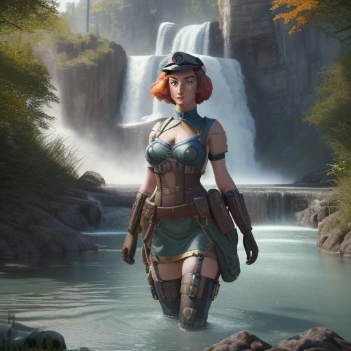 Dieselpunk Maidens in Lakeside Waterfall Fantasy