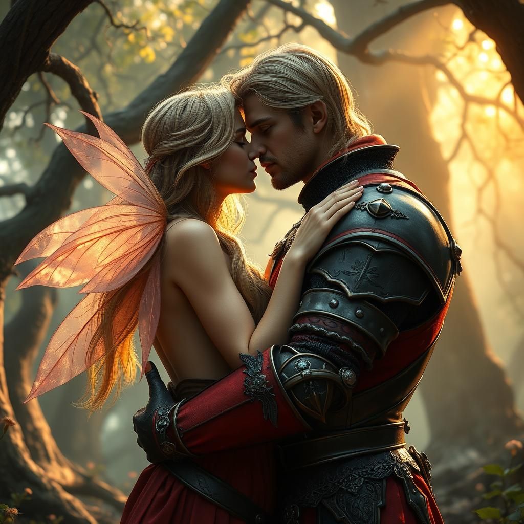 Knight and Fairy's Enchanted Kiss in Mystical Forest