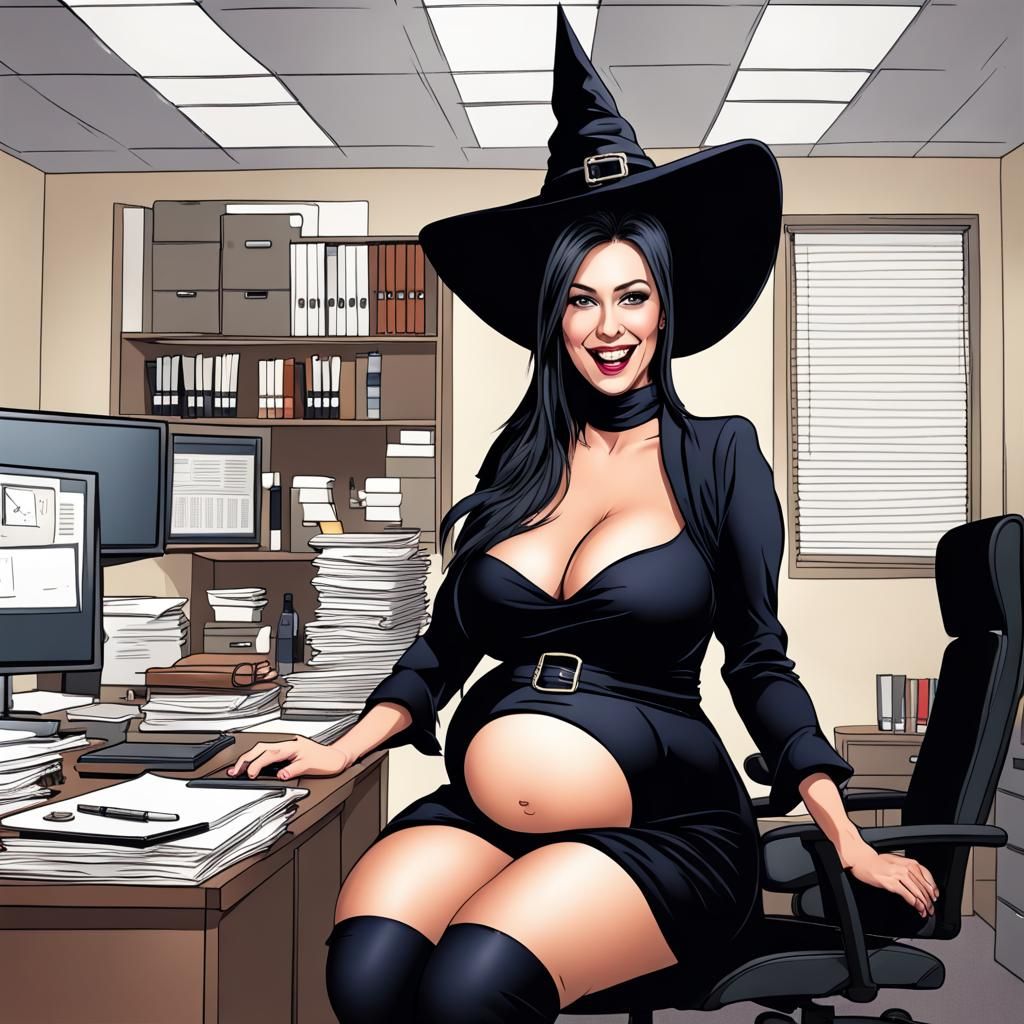 Pregnant Witch in Office with Elaborate Makeup