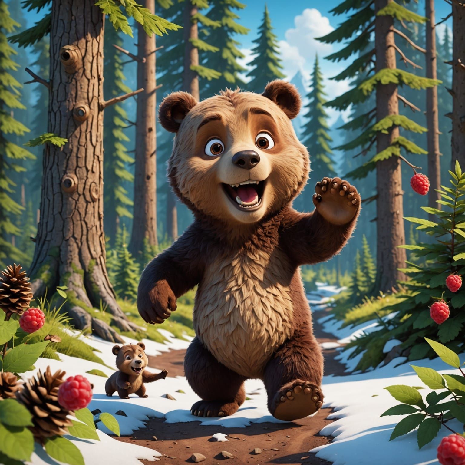 Clumsy Bear Cub in DreamWorks Cartoon Style