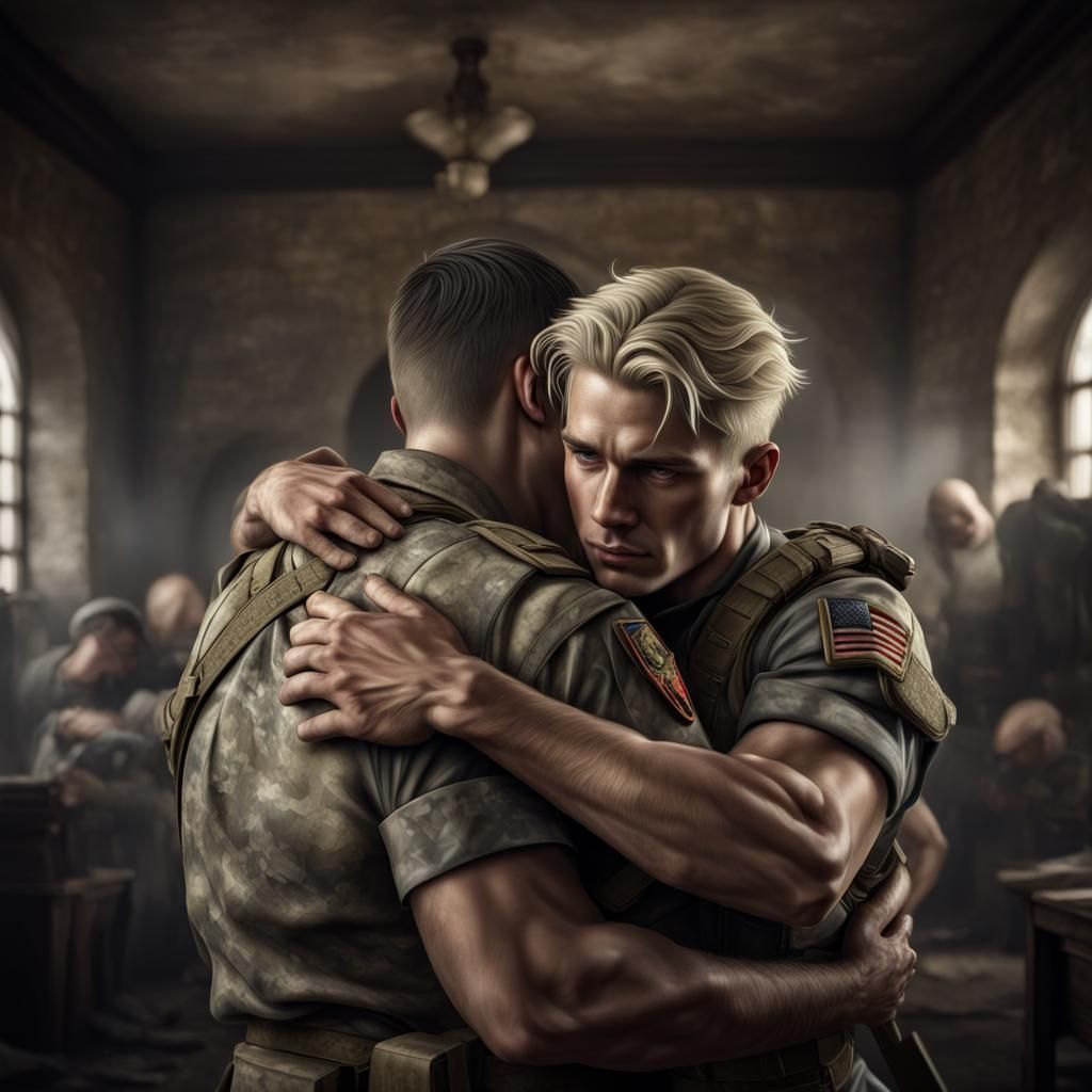 Soldier Hugs Man: Hyperrealistic, High-Contrast Image