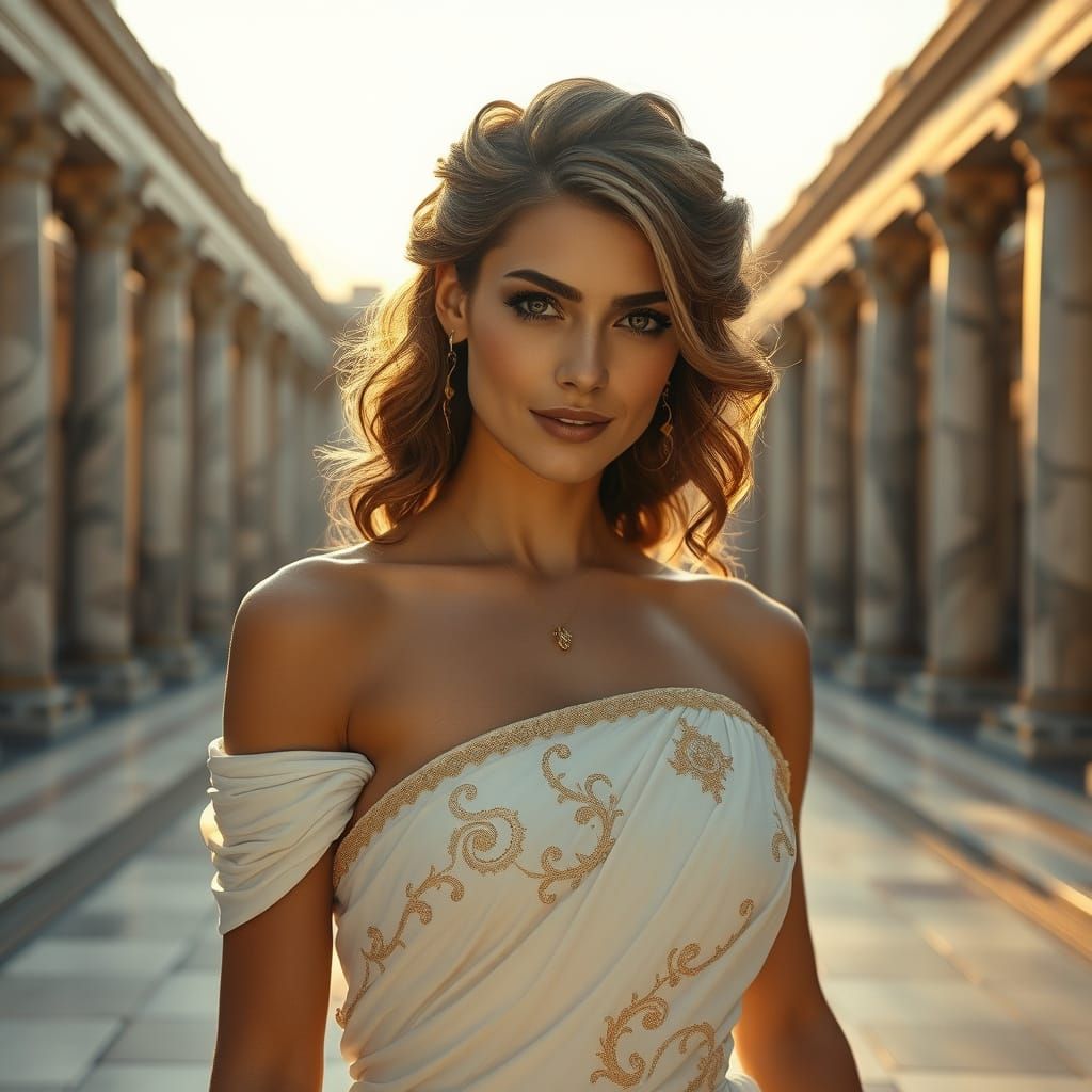 Goddess in Grecian Gown in Ancient Cityscape