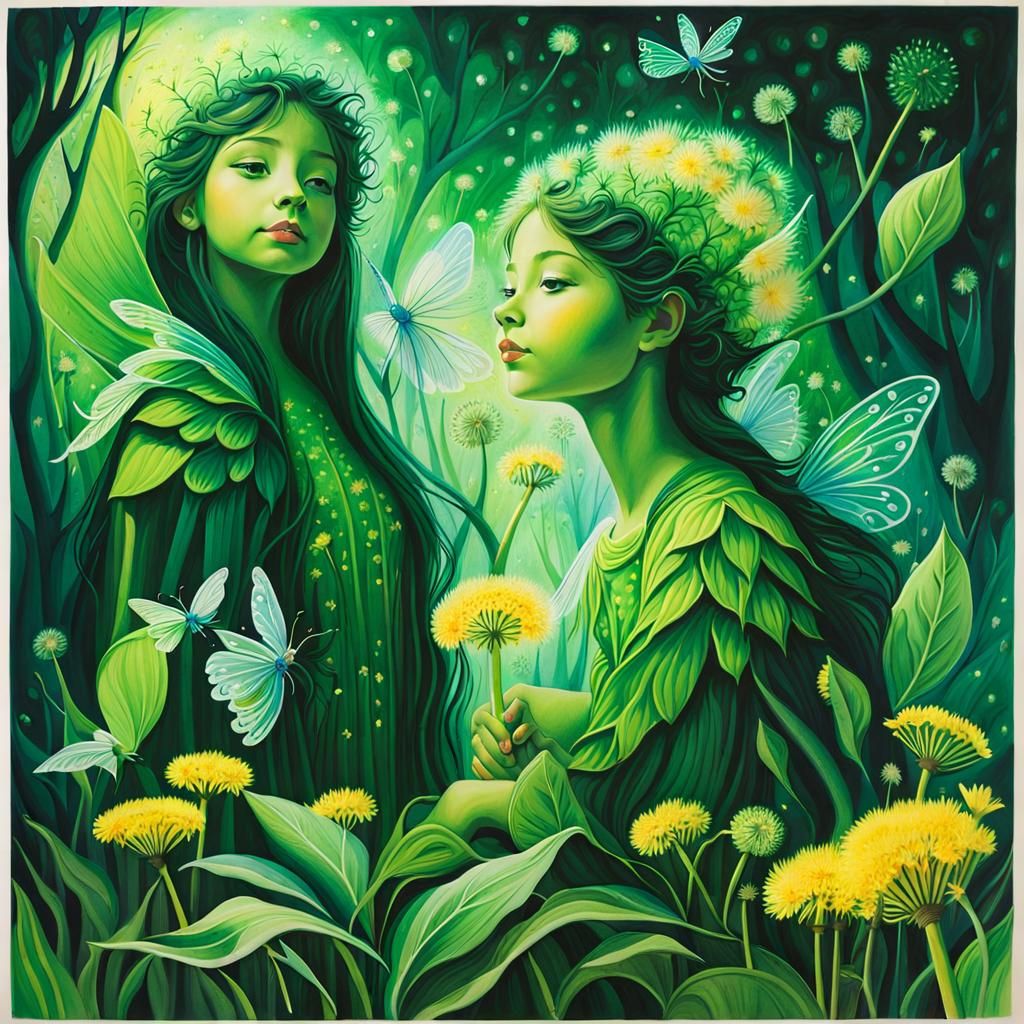 Green Fairies Under Dandelion Trees: A Crayon Drawing
