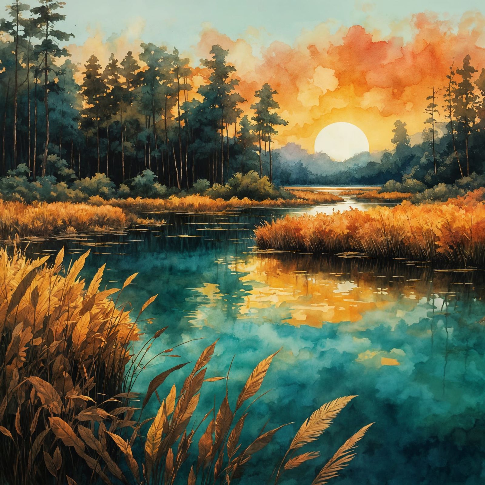 Surreal Sunset Scene with Tall Reeds in Golden Light