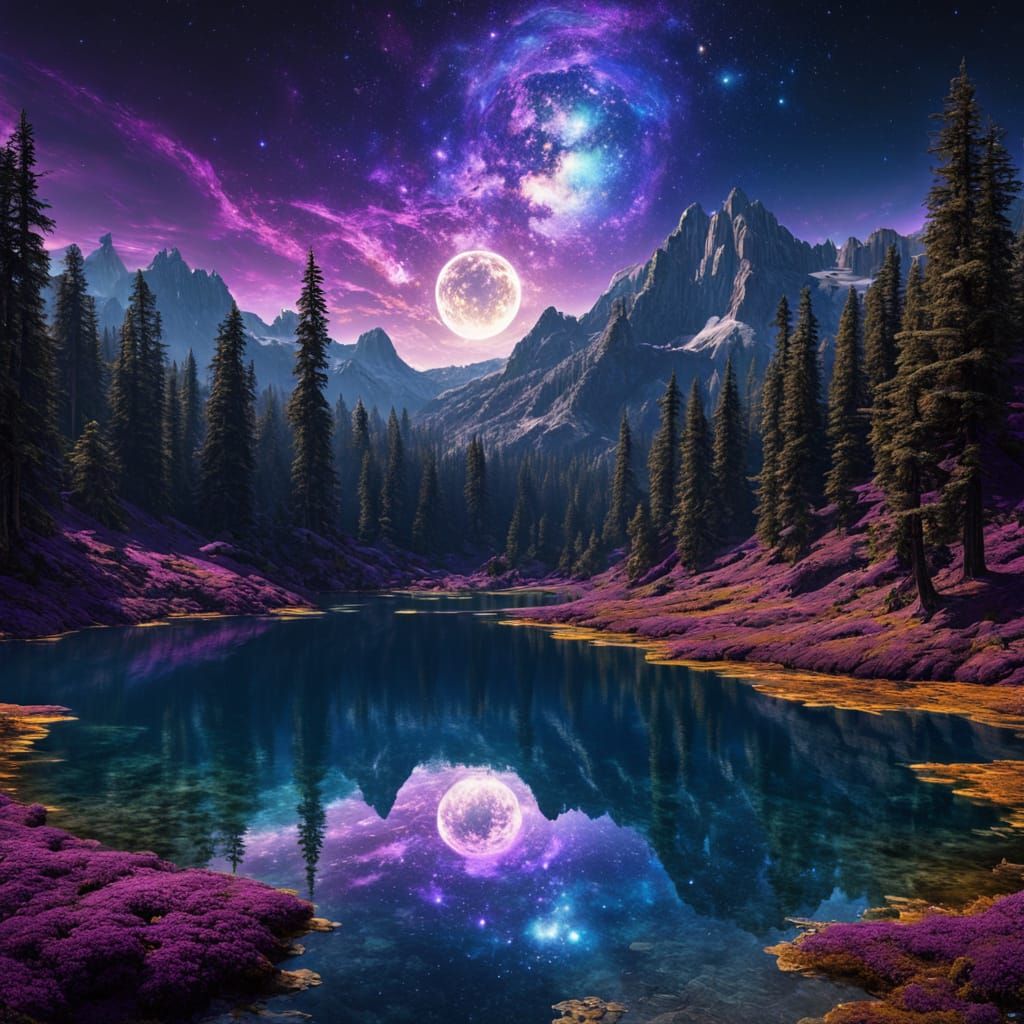 Alien Lake Among Forested Mountains: Galactic Vision